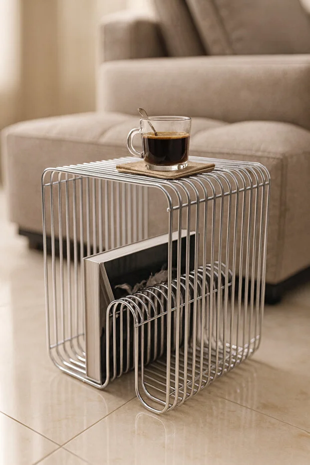 PARİS Gümüş Tel Metal Tasarımlı Modern Paslanmaz Yan Sehpa, Dekoratif Metal Sehpa PARİS Gümüş Tel Metal Tasarımlı Modern Paslanmaz Yan Sehpa, Dekoratif Metal Sehpa